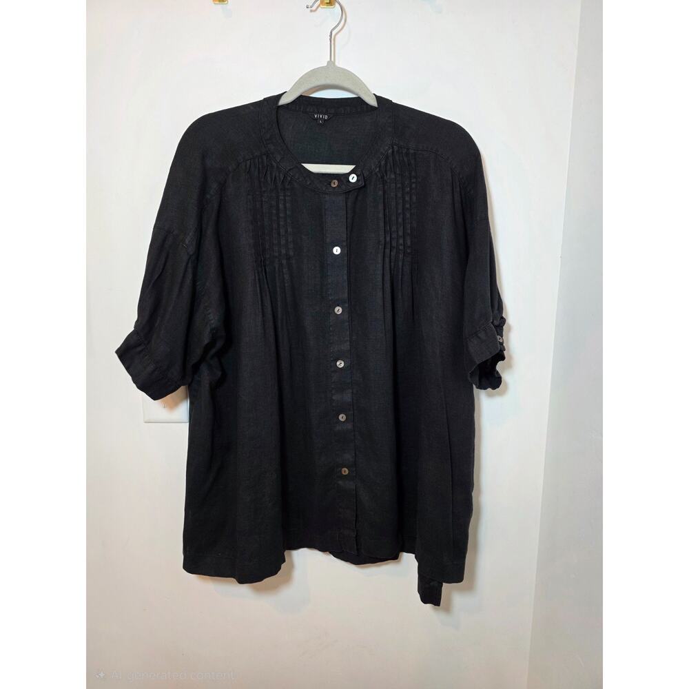 Vivid Women's Black 100% Linen Pintuck Button Puff Sleeve Blouse Top Size L